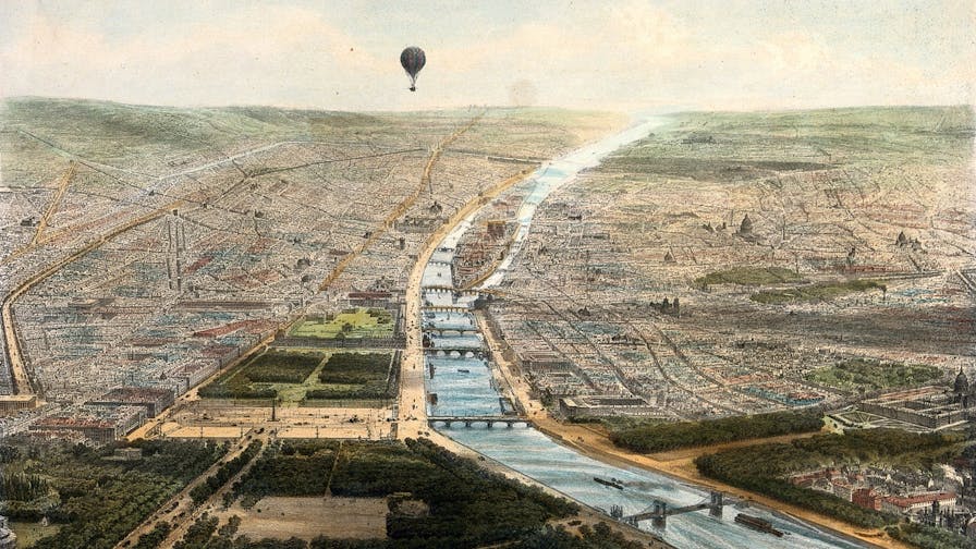 Paris seen from a balloon. Coloured lithograph, 1846, by J. Arnout