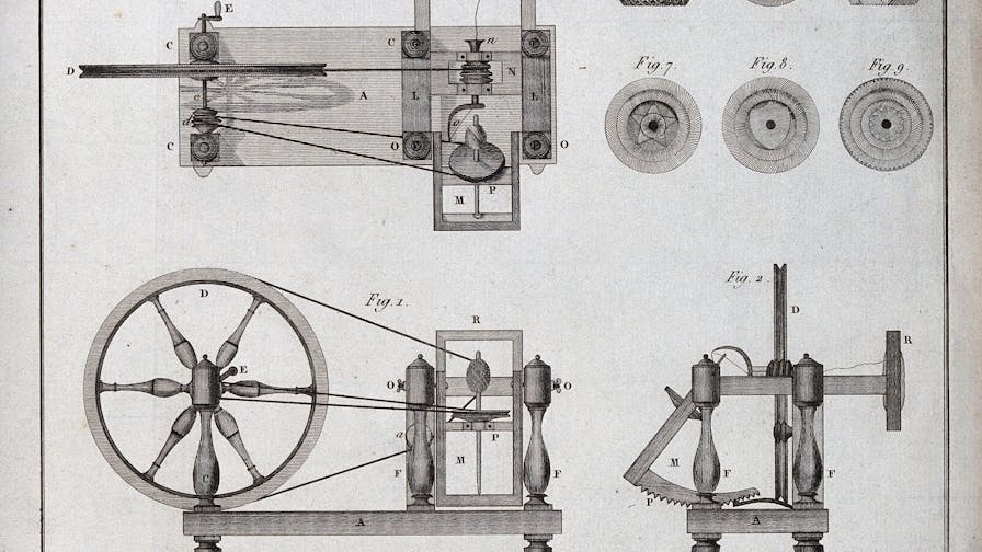 Carpentry: an automatic lathe in plan and elevations, with examples of finished turning. Engraving by N. L. Rousseau after Gallet
