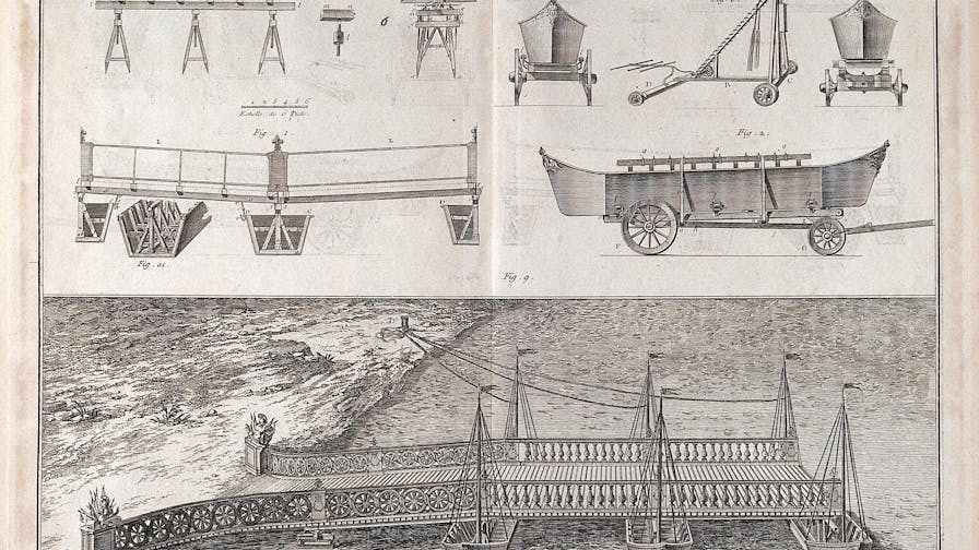 Carpentry: a bridge on pontoons, details (top), and bird's-eye view (below). Engraving after Lucotte [?]