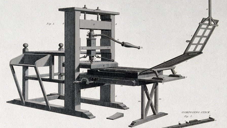 Printing: a three-quarter view of a press. Engraving by W. Lowry after J. Farey, 1819