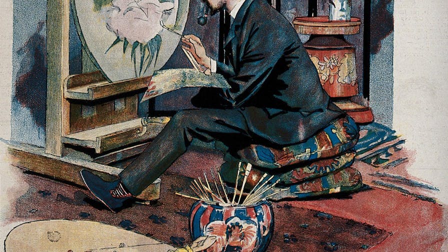 A seated artist painting at his easel. Process print after A.F.M. Gorguet