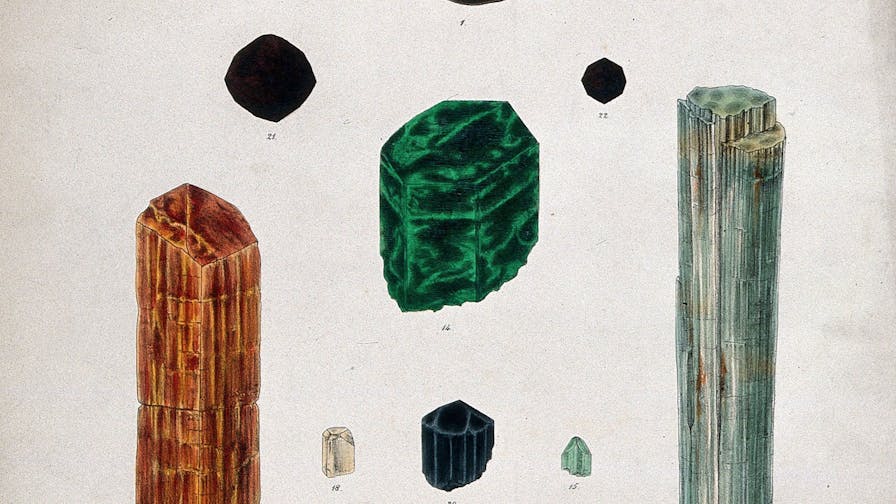Geology: various uncut semi-precious stones. Coloured lithograph by H. Sowerby after himself, 1851