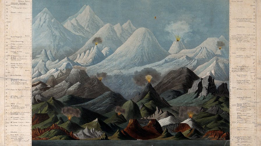 Geology: comparative shapes and heights of mountains. Coloured aquatint by A. Tardieu after L. Brugiere