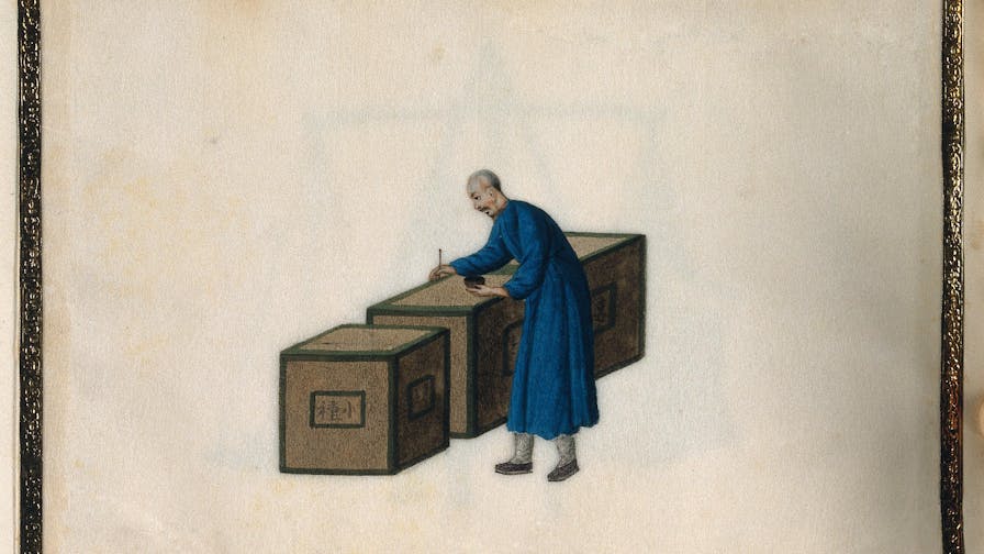 A man writes on sealed crates of tea, ready for export. Painting by a Chinese artist, ca. 1850