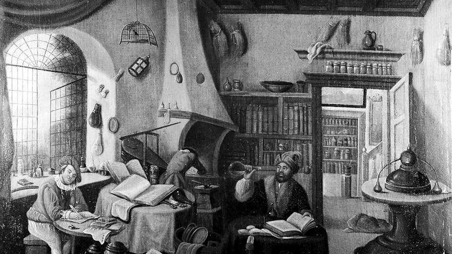 Two scholars in a cabinet: Paracelsus (?) and a traditional philosopher examining a flask. Oil painting